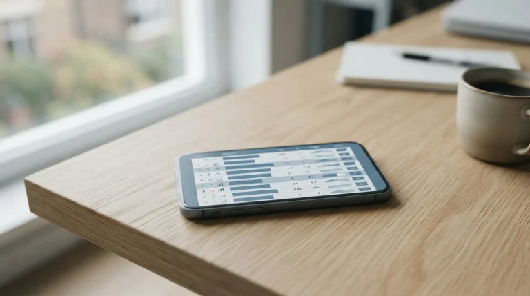 Smartphone mit Sportwetten-App und neutralem Interface auf minimalistischem Schreibtisch
