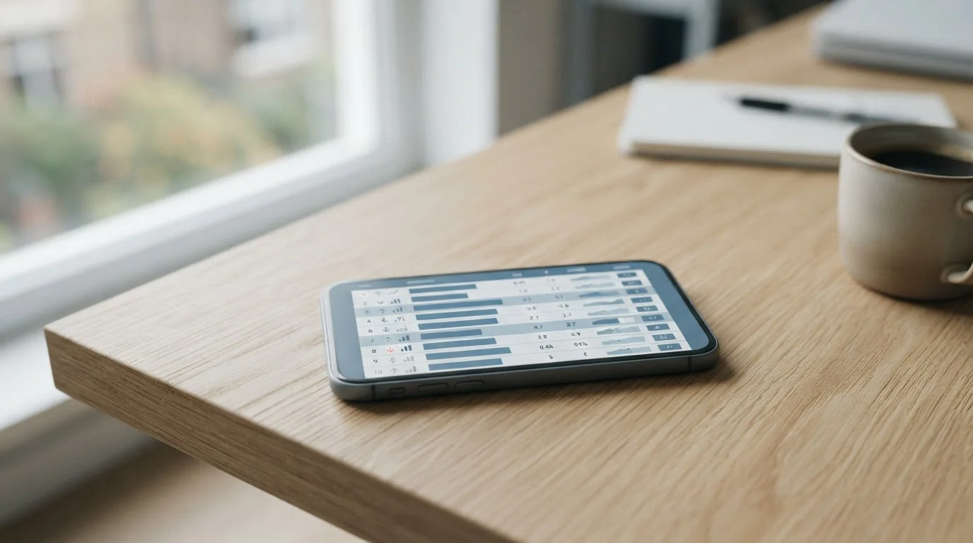 Smartphone mit Sportwetten-App und neutralem Interface auf minimalistischem Schreibtisch