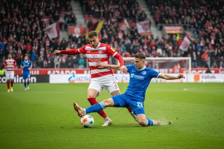 2. Bundesliga – Spielszene mit intensivem Zweikampf auf Naturrasen