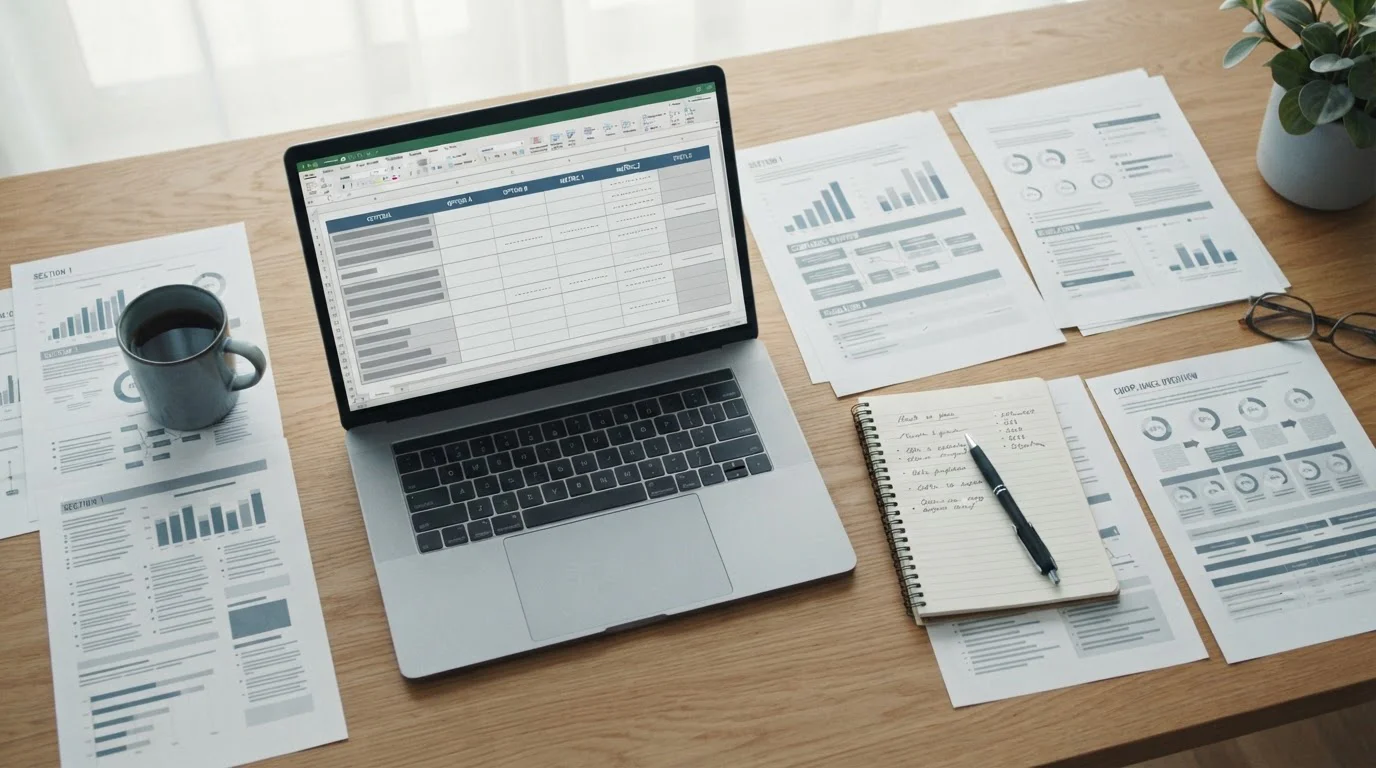 Arbeitsplatz mit Laptop und Unterlagen für einen systematischen Vergleich von Wettanbietern