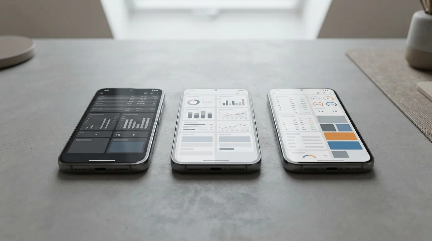 Drei Android-Geräte nebeneinander mit unterschiedlichen App-Oberflächen im neutralen Vergleich