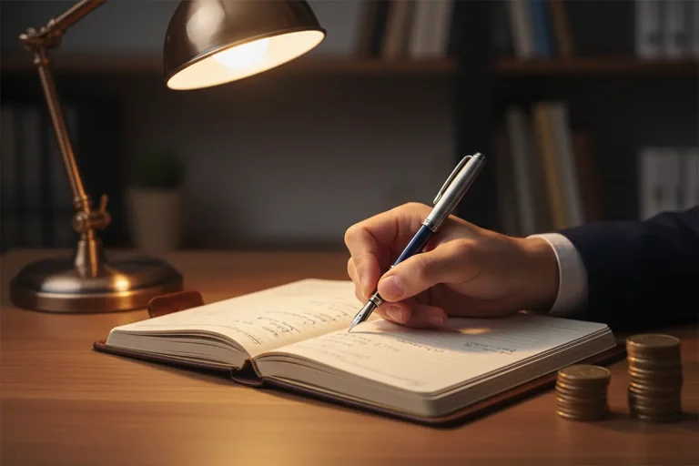 Bankroll Management – Person plant Wetteinsätze mit Notizbuch und Stift