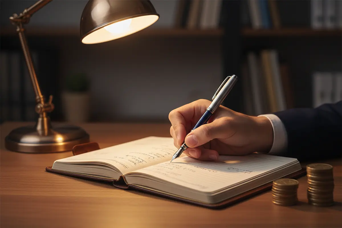 Bankroll Management – Person plant Wetteinsätze mit Notizbuch und Stift