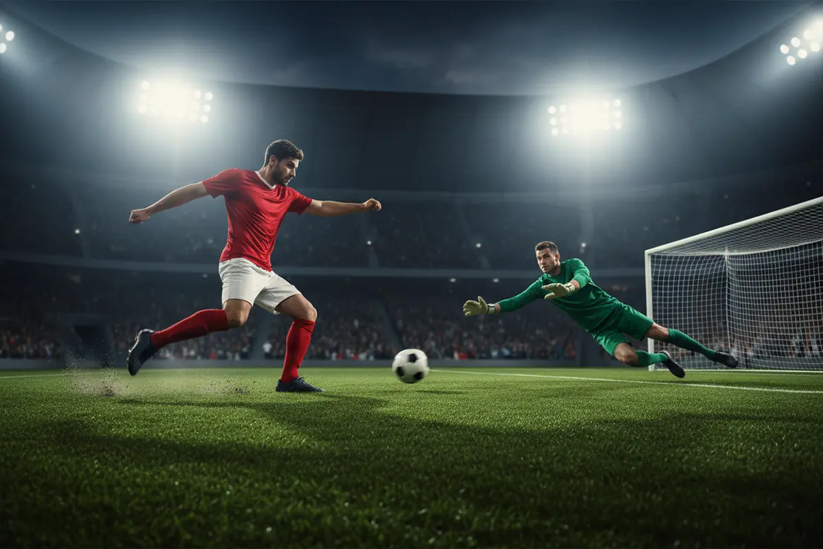 Beide Teams treffen – Fußballszene mit Torschuss im Strafraum