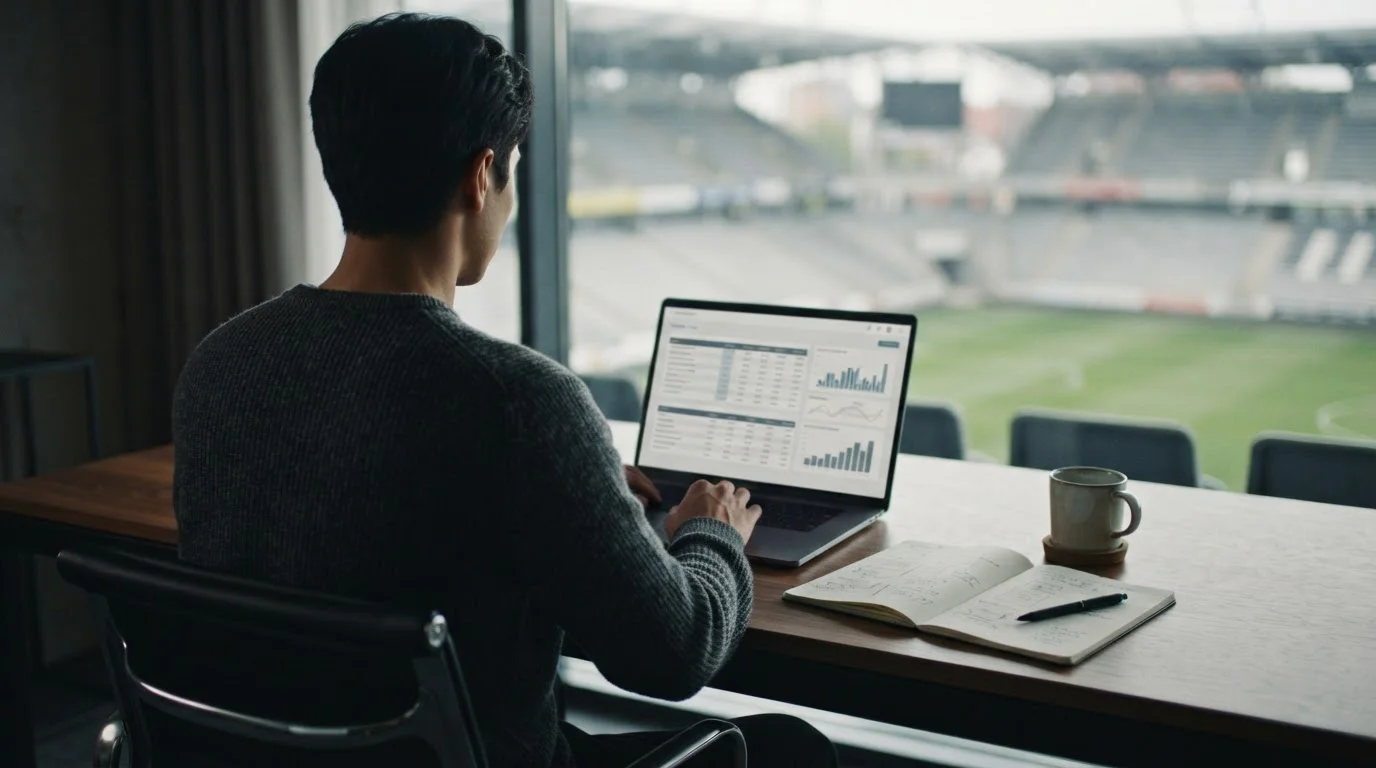 Vergleich von Sportwetten-Anbietern am Laptop mit Notizen und neutraler Analyse