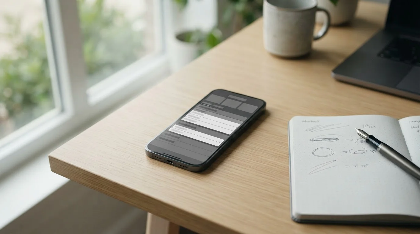 Smartphone mit neutraler Wett-App-Oberfläche auf hellem Schreibtisch neben Notizblock