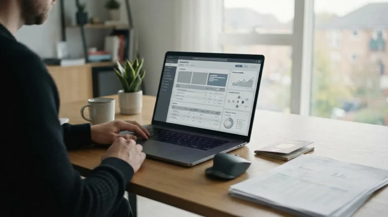 Laptop mit abstraktem Wettanbieter-Interface und Dokumenten, die das Thema Verifizierung symbolisieren