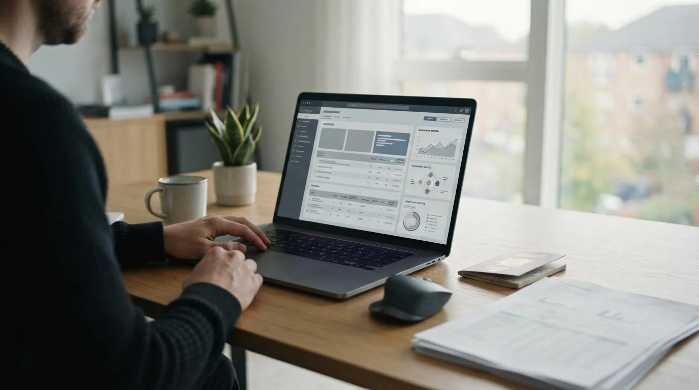 Laptop mit abstraktem Wettanbieter-Interface und Dokumenten, die das Thema Verifizierung symbolisieren