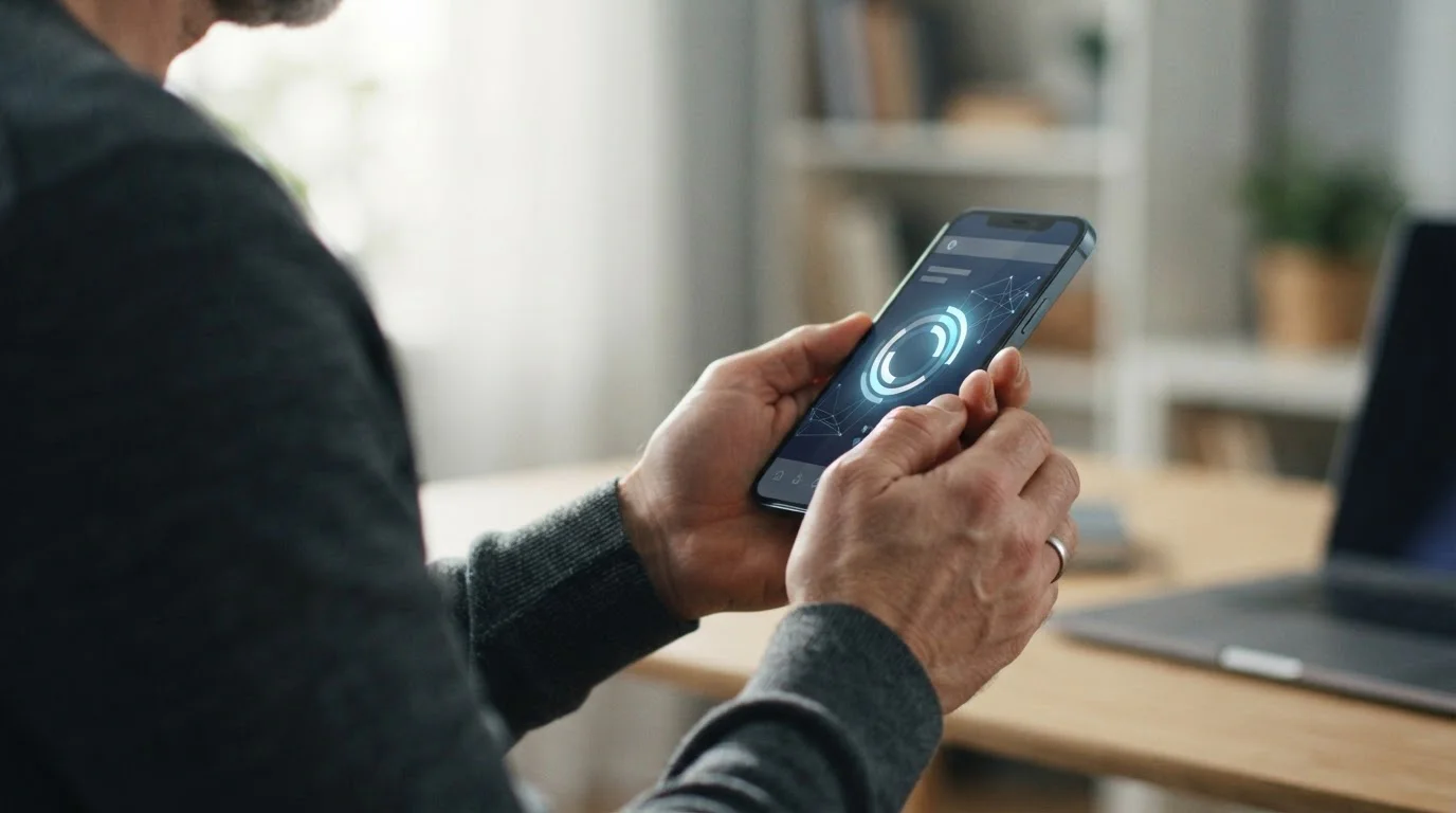 Abstrakte Darstellung einer Bitcoin-Überweisung auf einem Smartphone