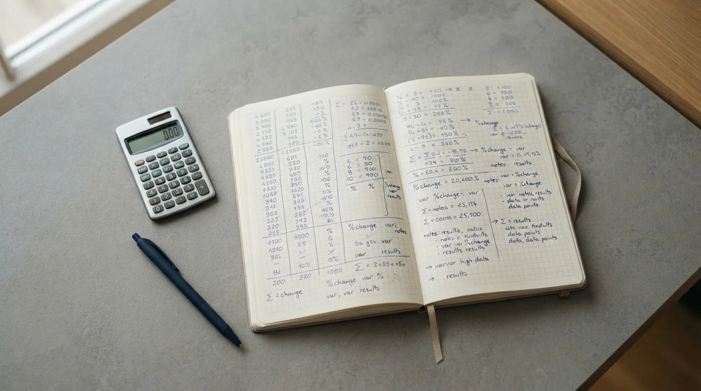 Taschenrechner und Notizen zur Bonusberechnung auf einem Schreibtisch