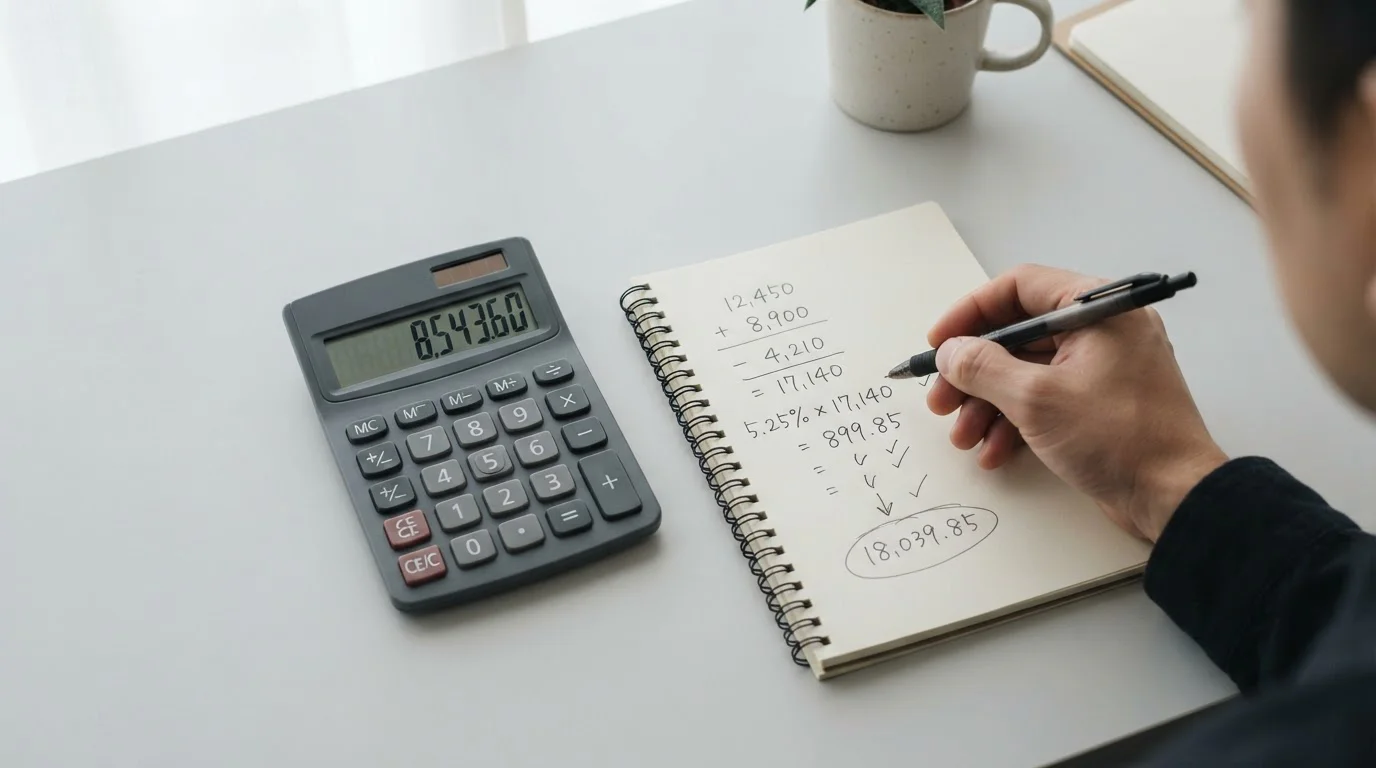 Taschenrechner und Notizen veranschaulichen die Mathematik hinter Mindesteinzahlungen und Bonusangeboten