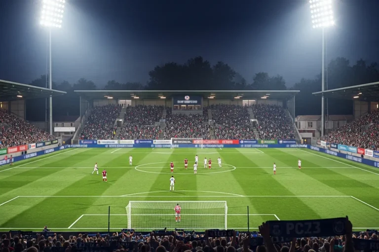 Conference League – Fußballspiel bei Flutlicht in kleinerem europäischen Stadion