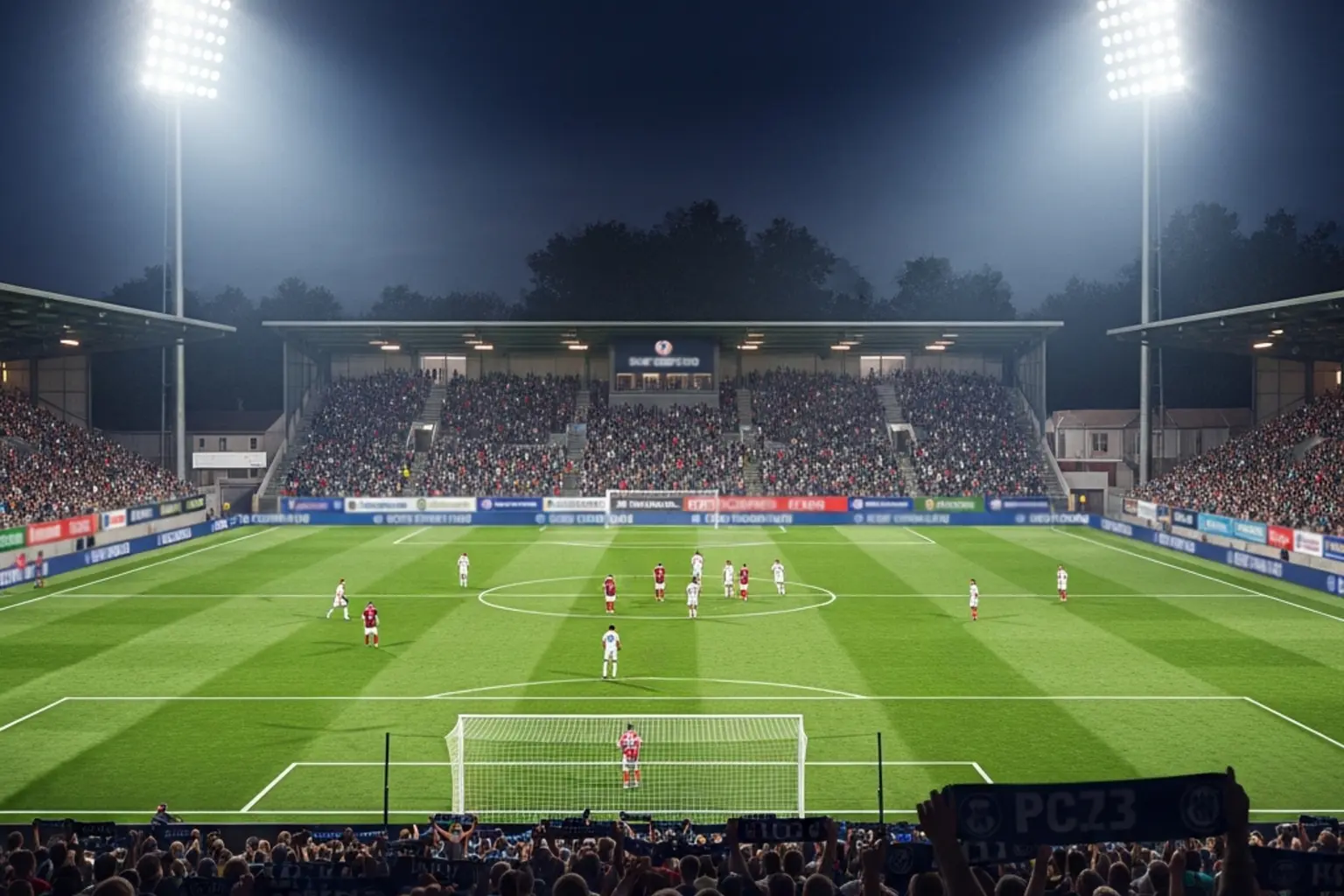 Conference League – Fußballspiel bei Flutlicht in kleinerem europäischen Stadion