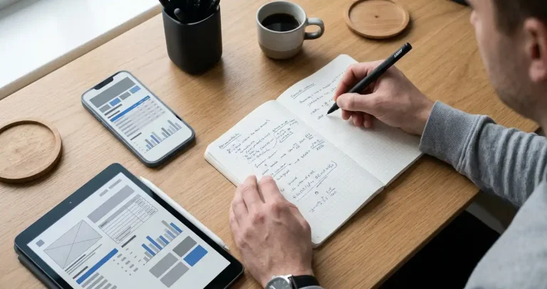 Person analysiert mobile Wett-Apps auf mehreren Geräten am Schreibtisch