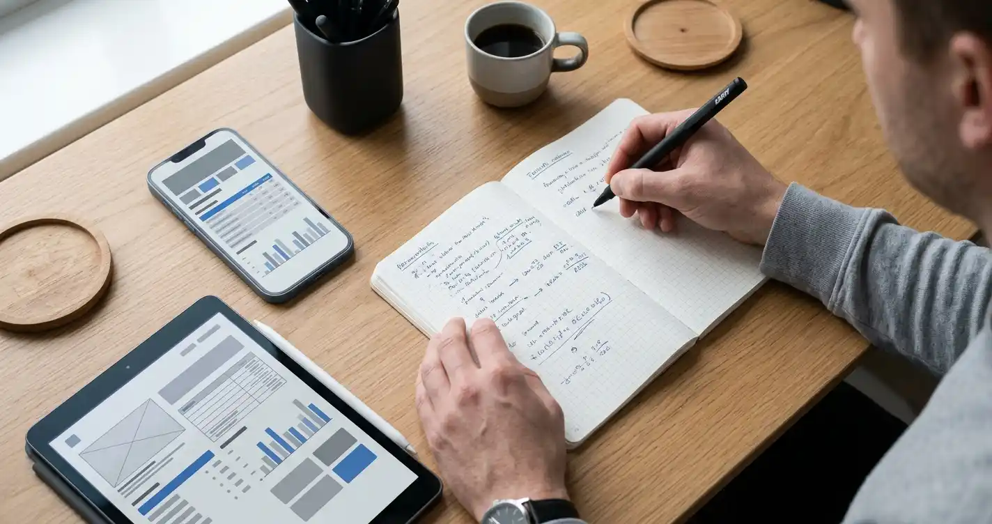 Person analysiert mobile Wett-Apps auf mehreren Geräten am Schreibtisch