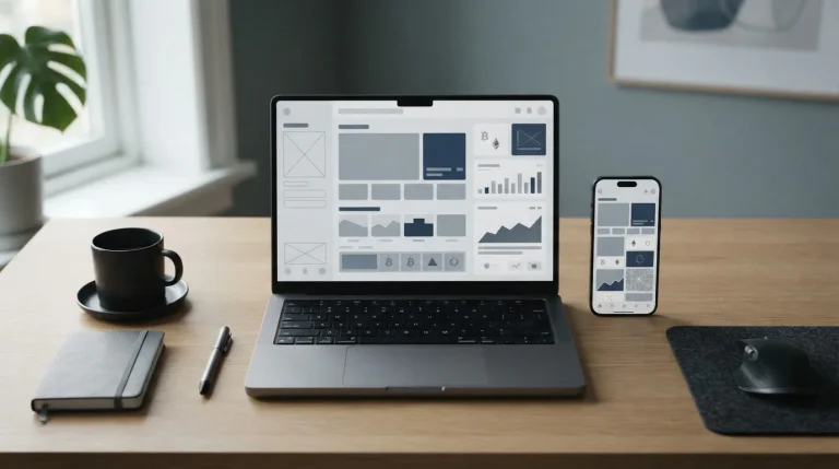 Desktop mit Smartphone zeigt abstrakte Krypto-Wettplattformen ohne Markenlogos