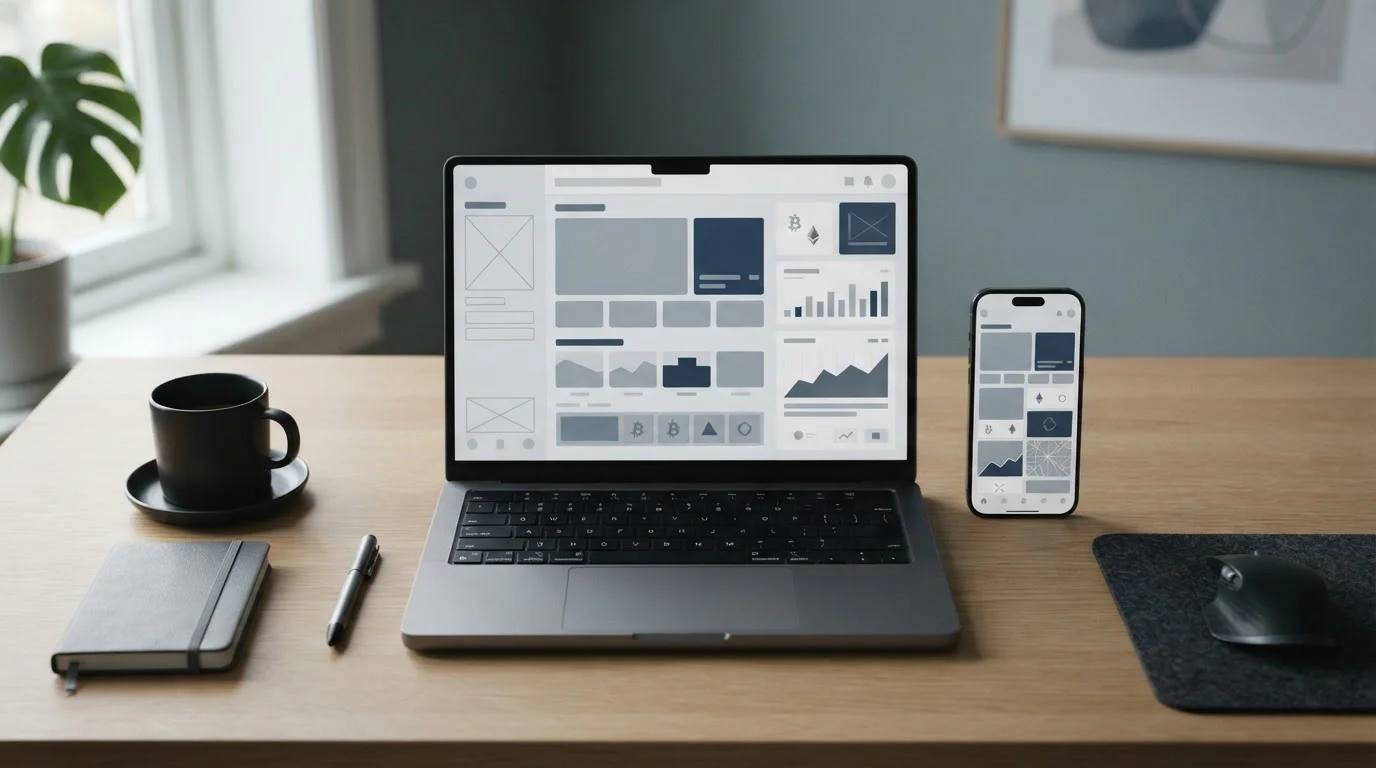 Desktop mit Smartphone zeigt abstrakte Krypto-Wettplattformen ohne Markenlogos