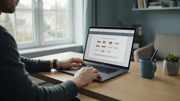 Arbeitsplatz mit Laptop zeigt Zahlungsoptionen für Online-Wetten mit Paysafecard