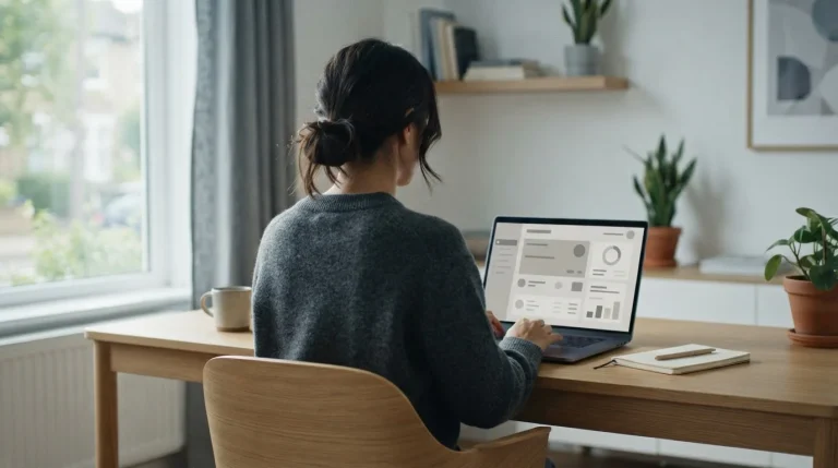 Person nutzt Laptop für Online-Banking-Überweisung im ruhigen Home-Office