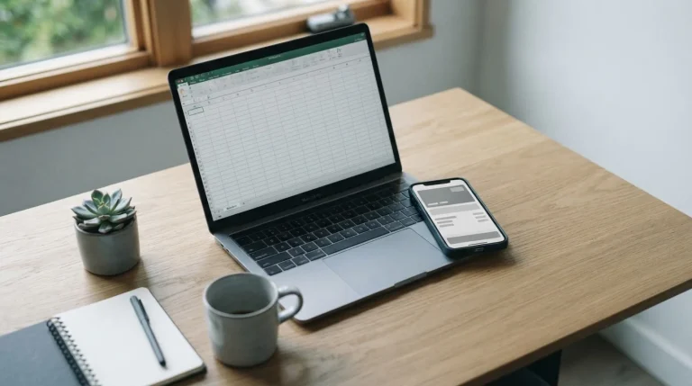 Smartphone mit abstraktem Zahlungsbildschirm und Laptop auf neutralem Schreibtisch
