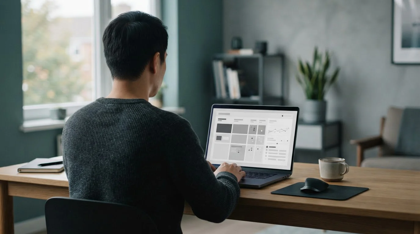 Person analysiert Wettanbieter-Optionen am Laptop in neutraler Umgebung
