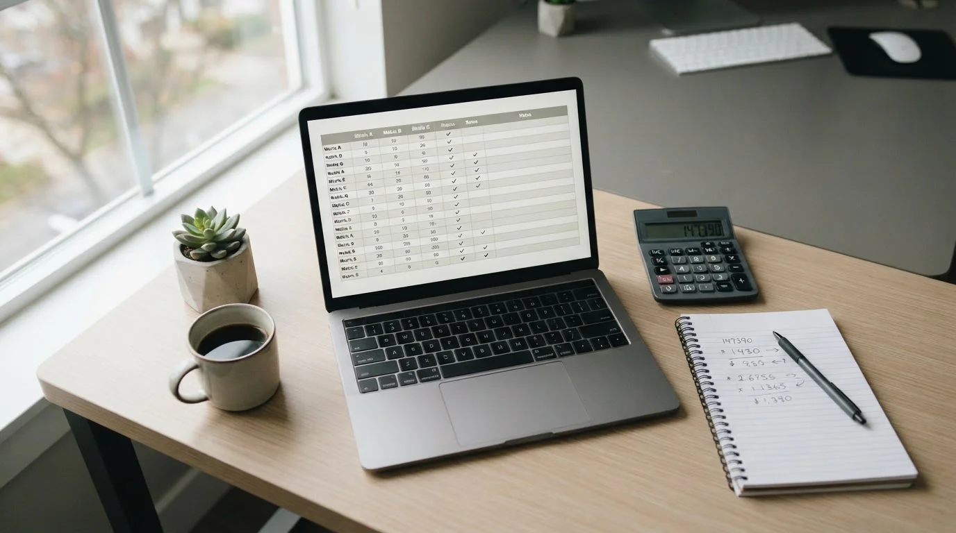 Transparenter Kostenvergleich von Wettanbietern am Laptop mit Taschenrechner auf neutralem Schreibtisch