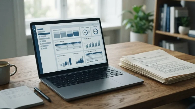 Laptop mit Wettvergleich auf dem Bildschirm neben Dokumenten über Regulierung und Spielerschutz