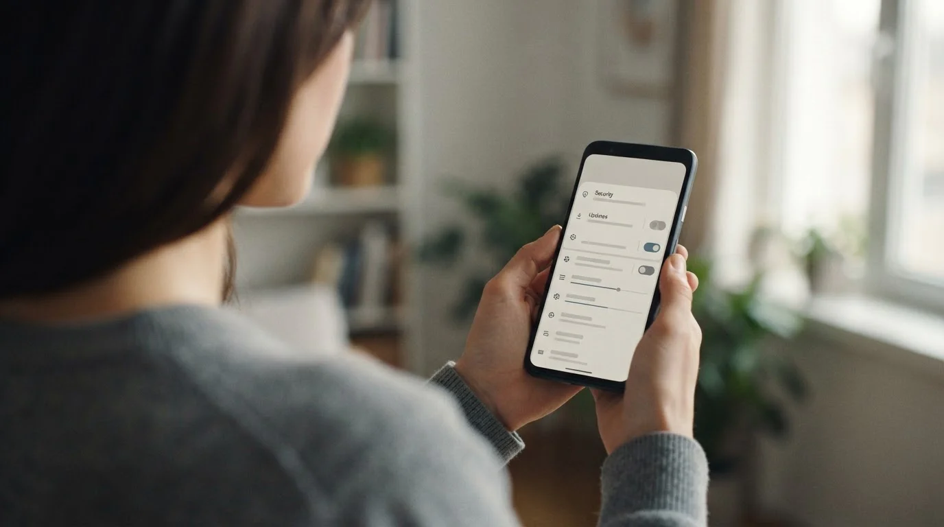 Smartphone-Bildschirm zeigt abstrakte Download- und Sicherheitseinstellungen unter Android
