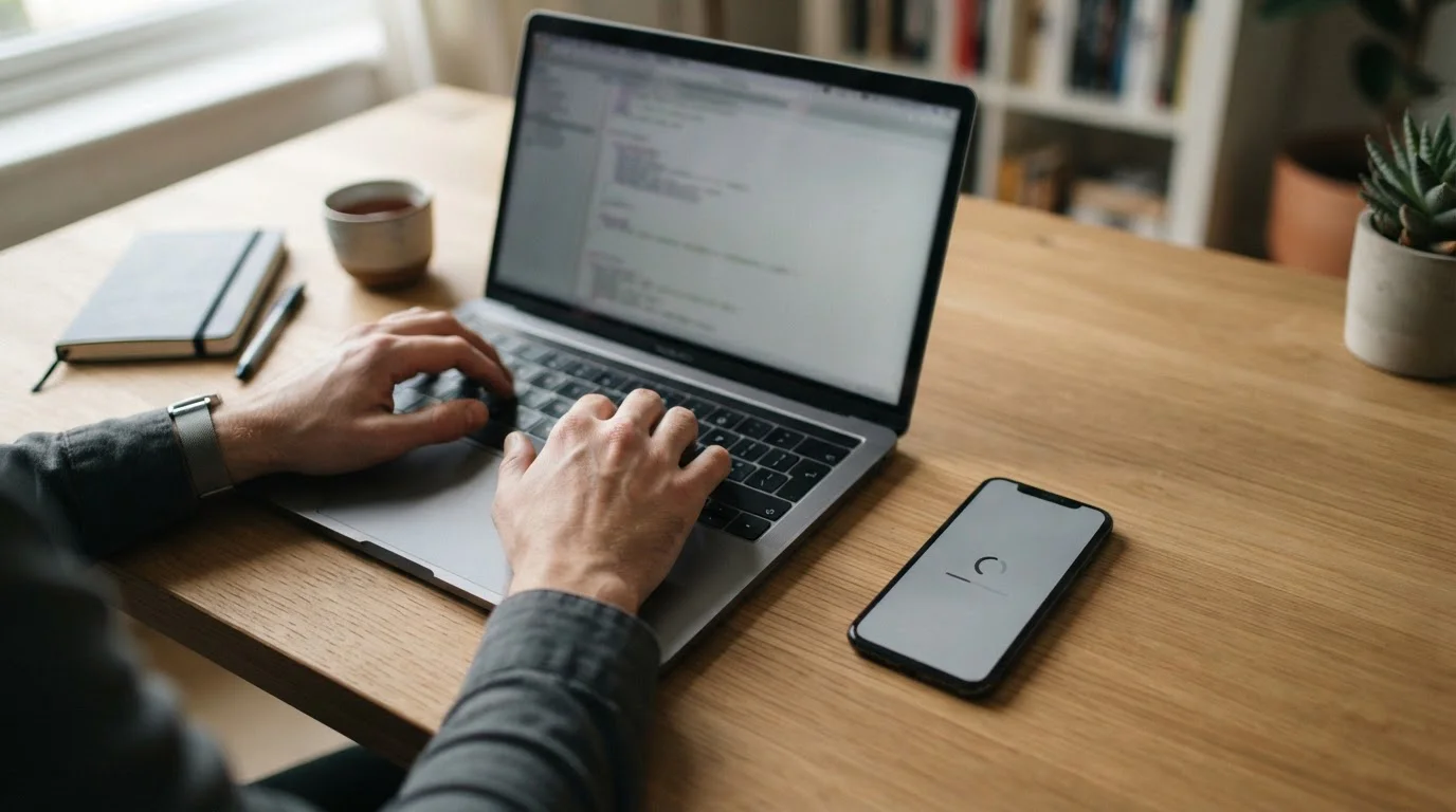 Hände über Tastatur mit Smartphone daneben, abstrakter Zahlungsbildschirm mit Wartesymbol