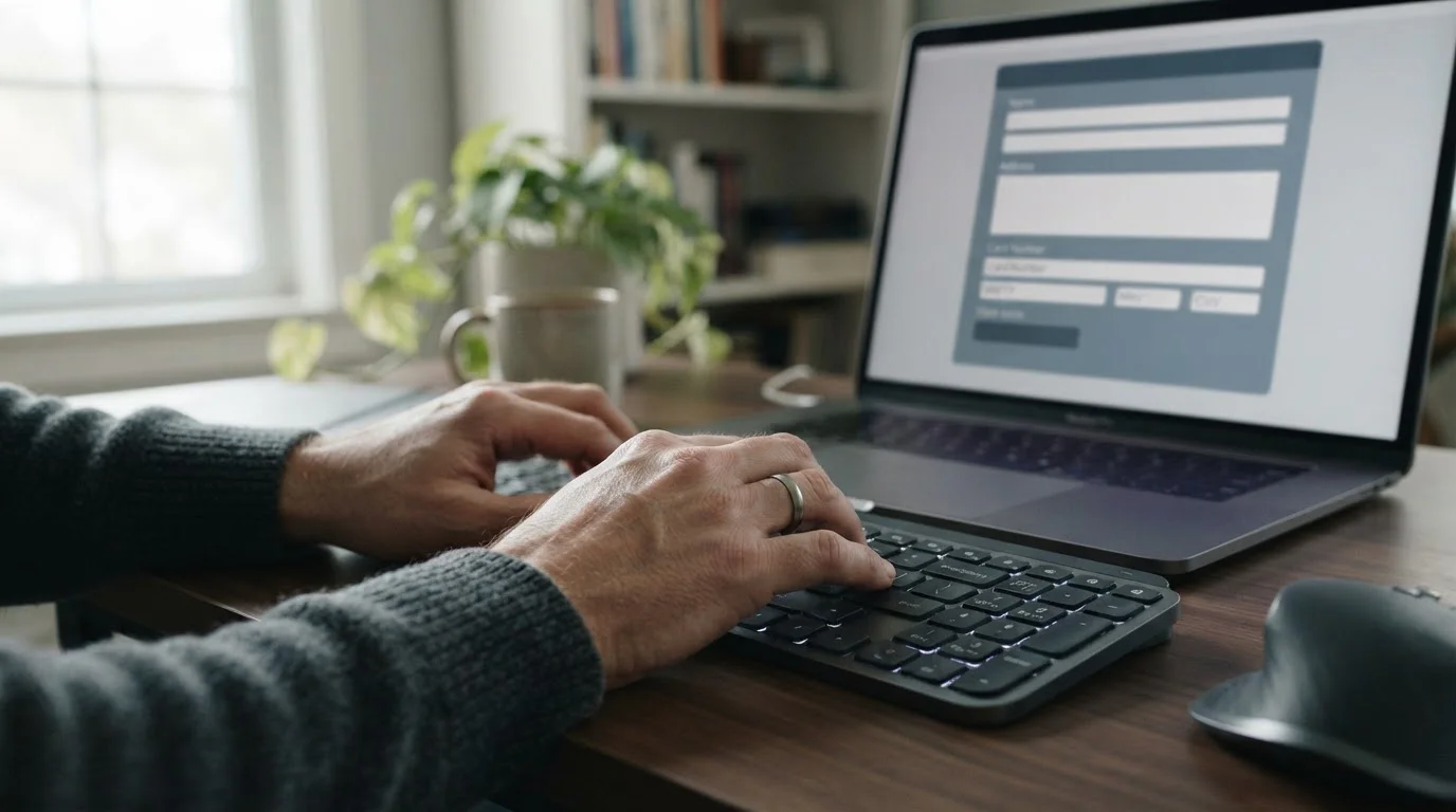 Hände am Computer beim Eingeben von Zahlungsdaten im Einzahlungsformular