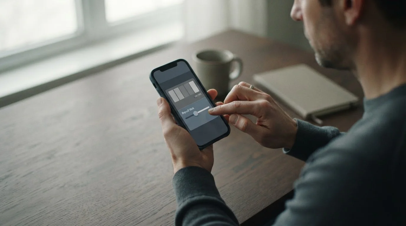 Person setzt auf dem Smartphone ein Einzahlungslimit — Blick auf Hände und Display