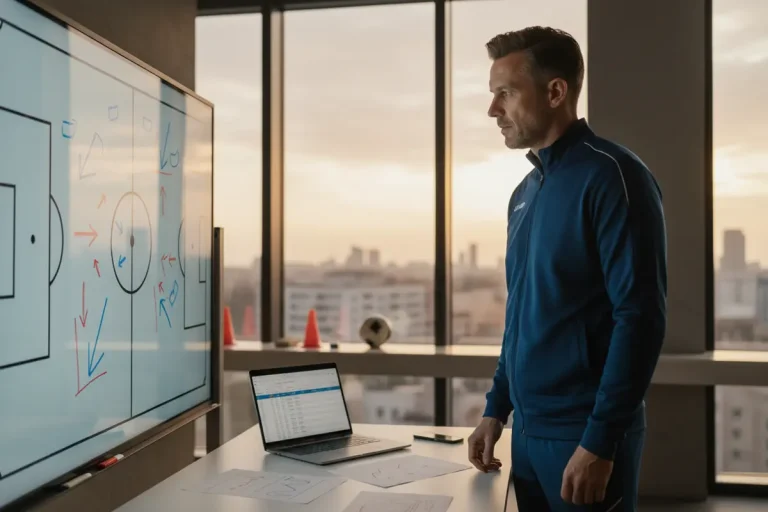 Formanalyse Fußball – Trainer analysiert Spielerdaten auf Taktiktafel