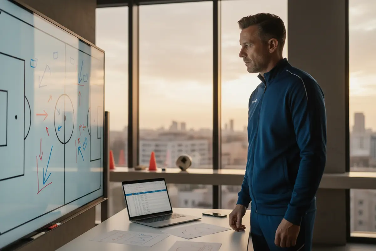 Formanalyse Fußball – Trainer analysiert Spielerdaten auf Taktiktafel