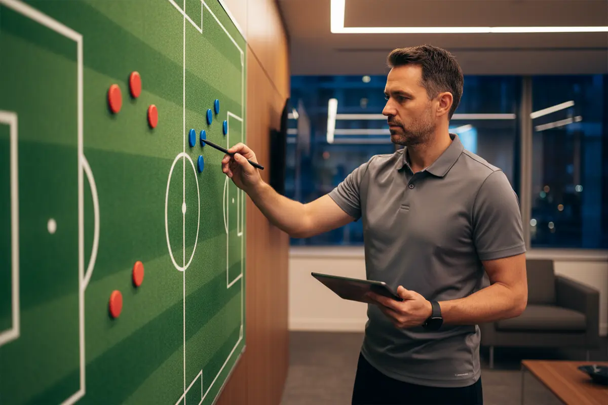 Fußball Analyse – Trainer betrachtet Spielstatistiken am Taktikboard