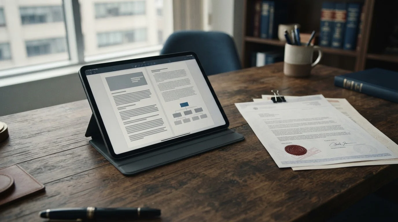 Offizielle Dokumente und Tablet symbolisieren die deutsche Glücksspiel-Regulierung und GGL-Lizenzierung