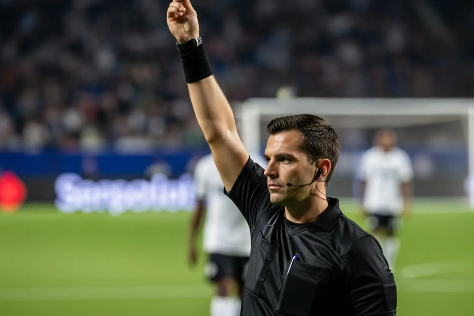 Schiedsrichter zeigt gelbe Karte auf dem Fußballfeld