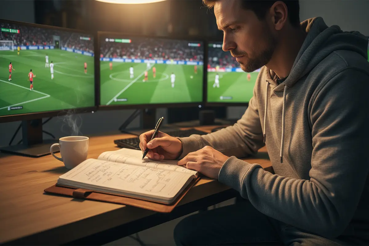 Kombiwetten Strategie – Fußballfan mit Notizblock vor mehreren Bildschirmen