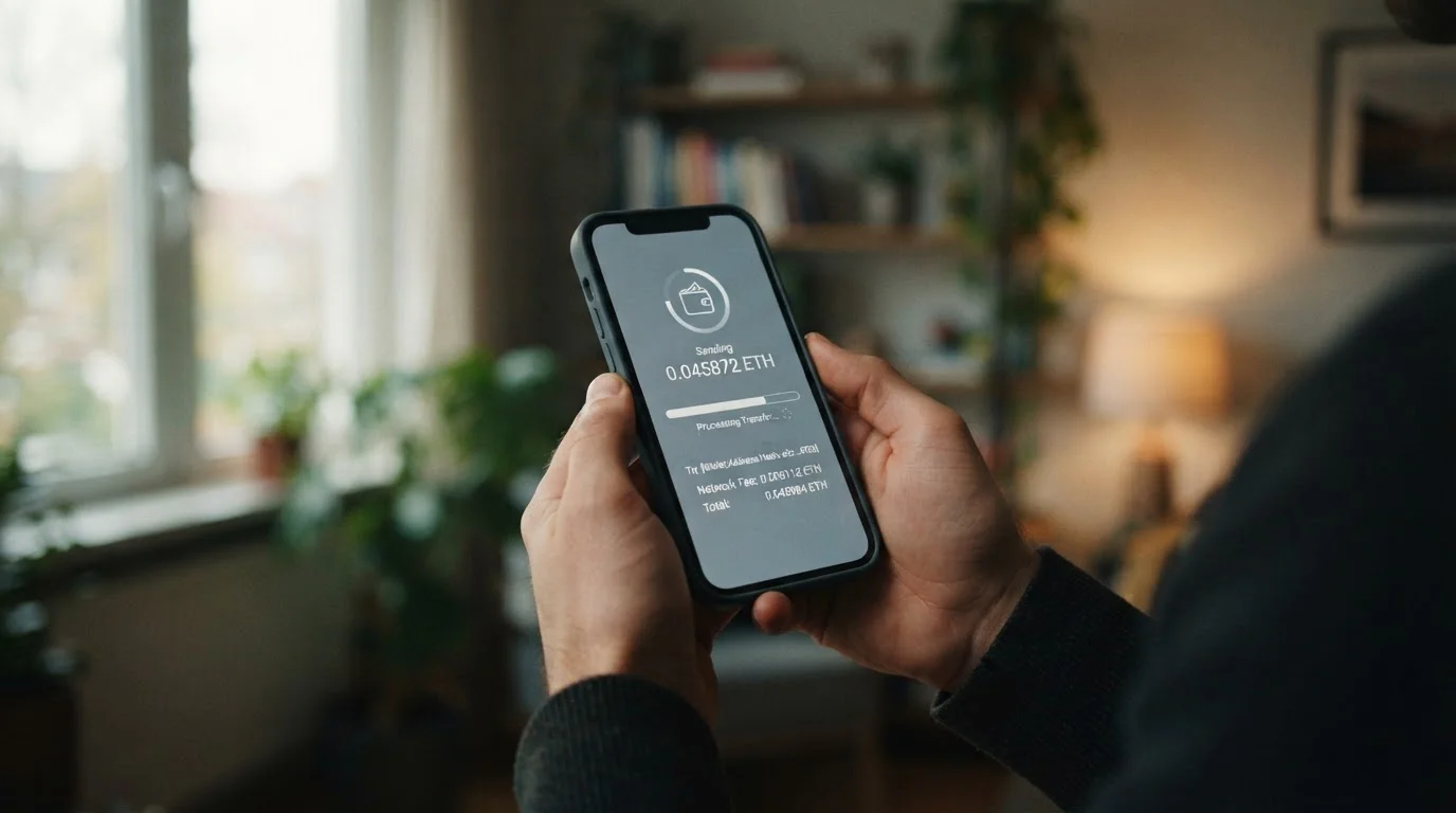 Smartphone zeigt abstrakten Krypto-Zahlungsvorgang