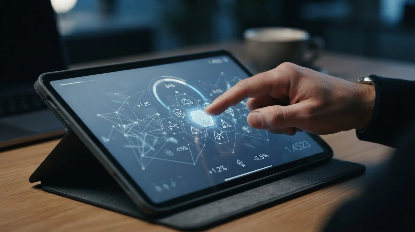Digitales Zahlungsinterface mit abstrakten Symbolen für Kryptowährungen und versteckten Gebühren
