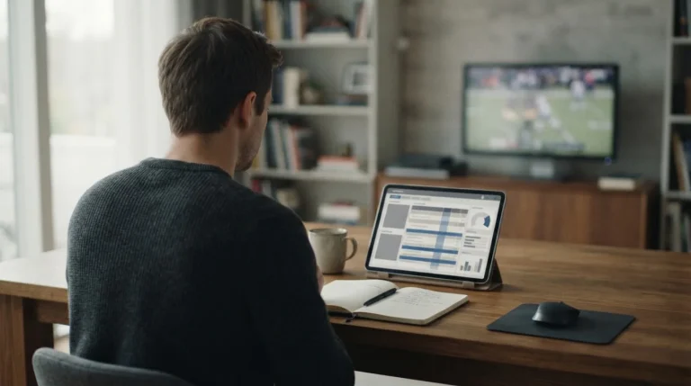 Person analysiert Live-Wetten auf Tablet während Fußballspiel läuft