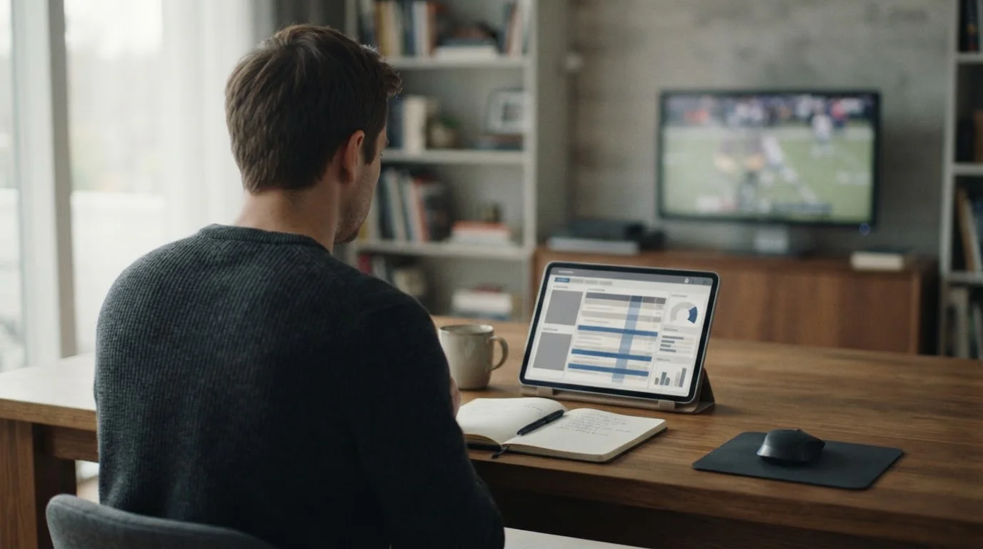 Person analysiert Live-Wetten auf Tablet während Fußballspiel läuft