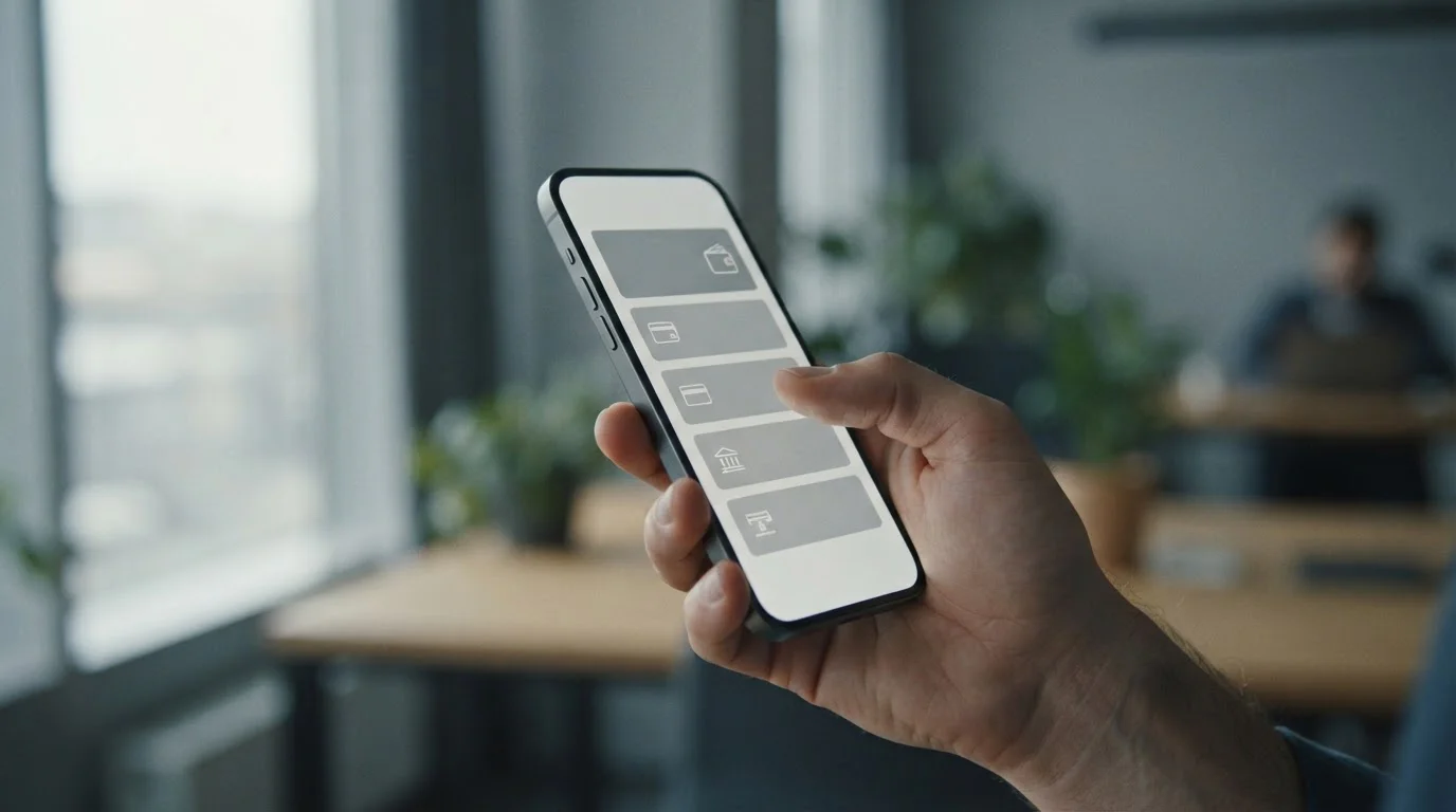 Hand hält Smartphone mit Auswahl verschiedener Zahlungsoptionen in neutraler App-Oberfläche