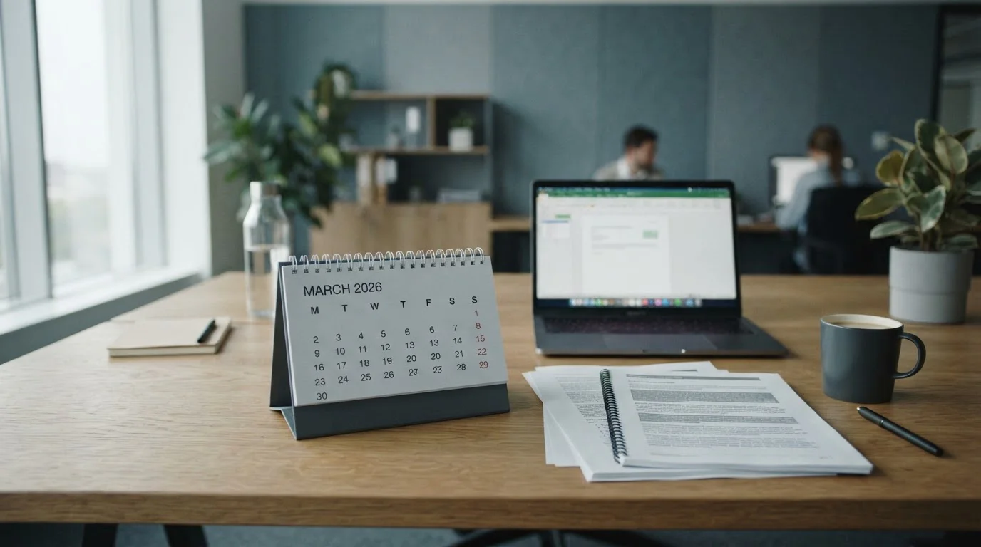 Kalender zeigt März 2026 und neue Regelungen zur Schufa-Bewertung