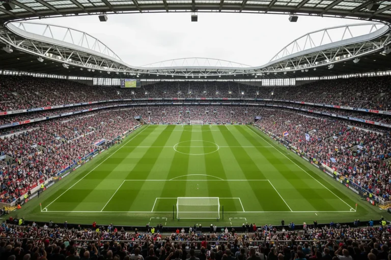 Premier League – Englisches Fußballstadion mit grünem Rasen und vollen Rängen