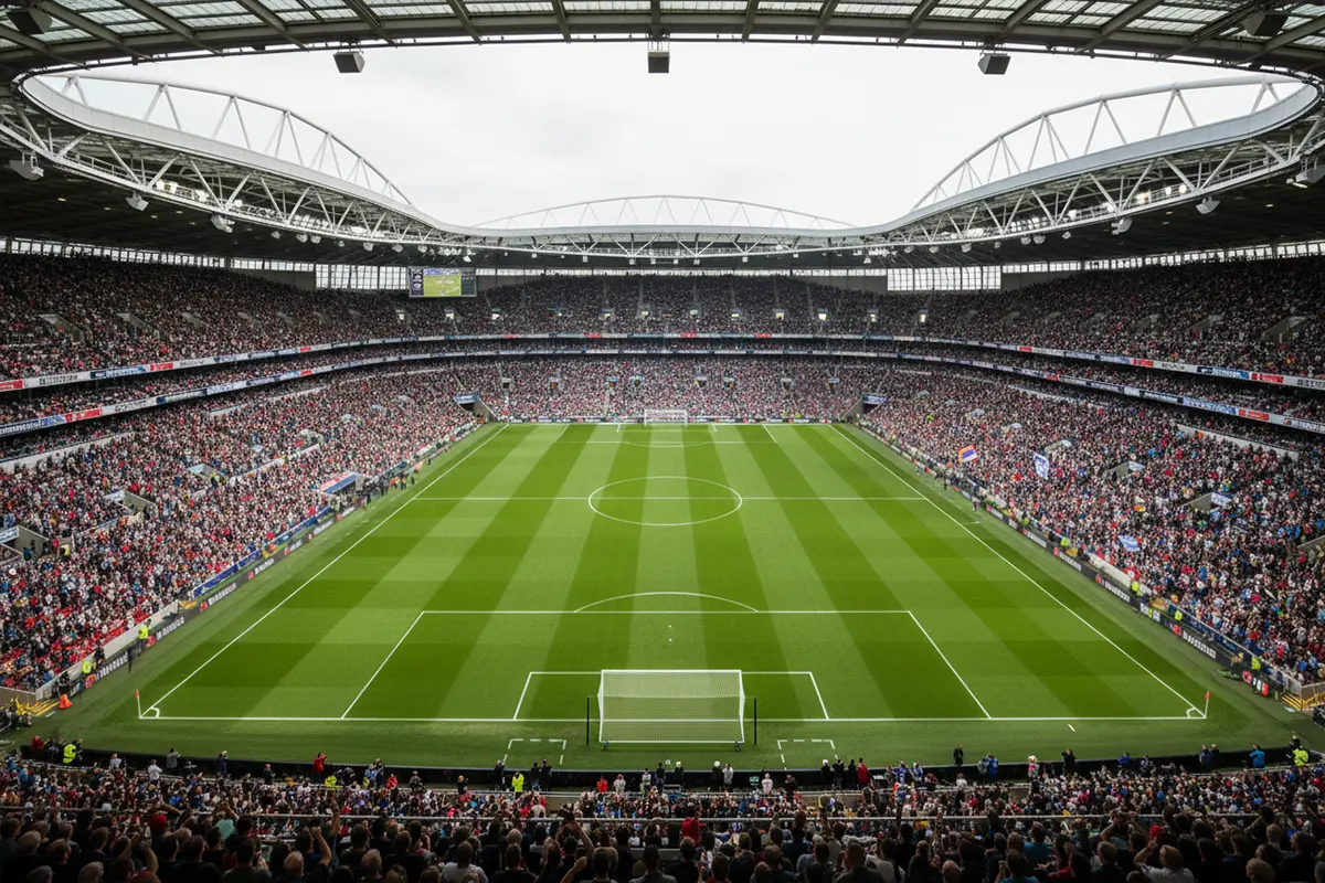 Premier League – Englisches Fußballstadion mit grünem Rasen und vollen Rängen