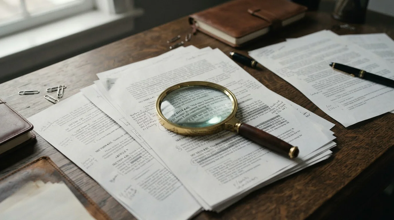 Dokumente mit Paragraphen-Symbol und Lupe auf Schreibtisch in gedämpftem Licht