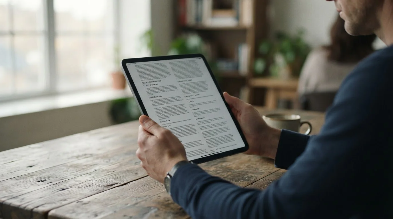 Person liest rechtliche Bedingungen auf einem Tablet