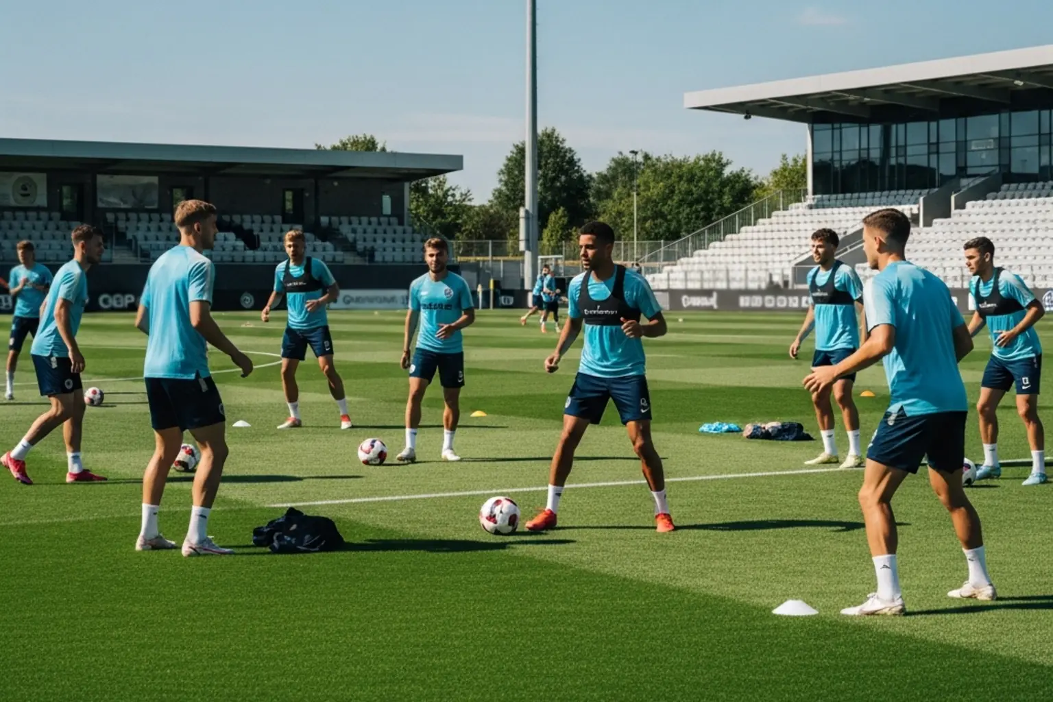 Fußballmannschaft beim Vorbereitungstraining auf dem Rasen