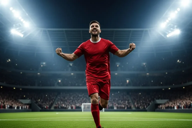 Fußballspieler feiert Tor im Stadion bei Flutlicht