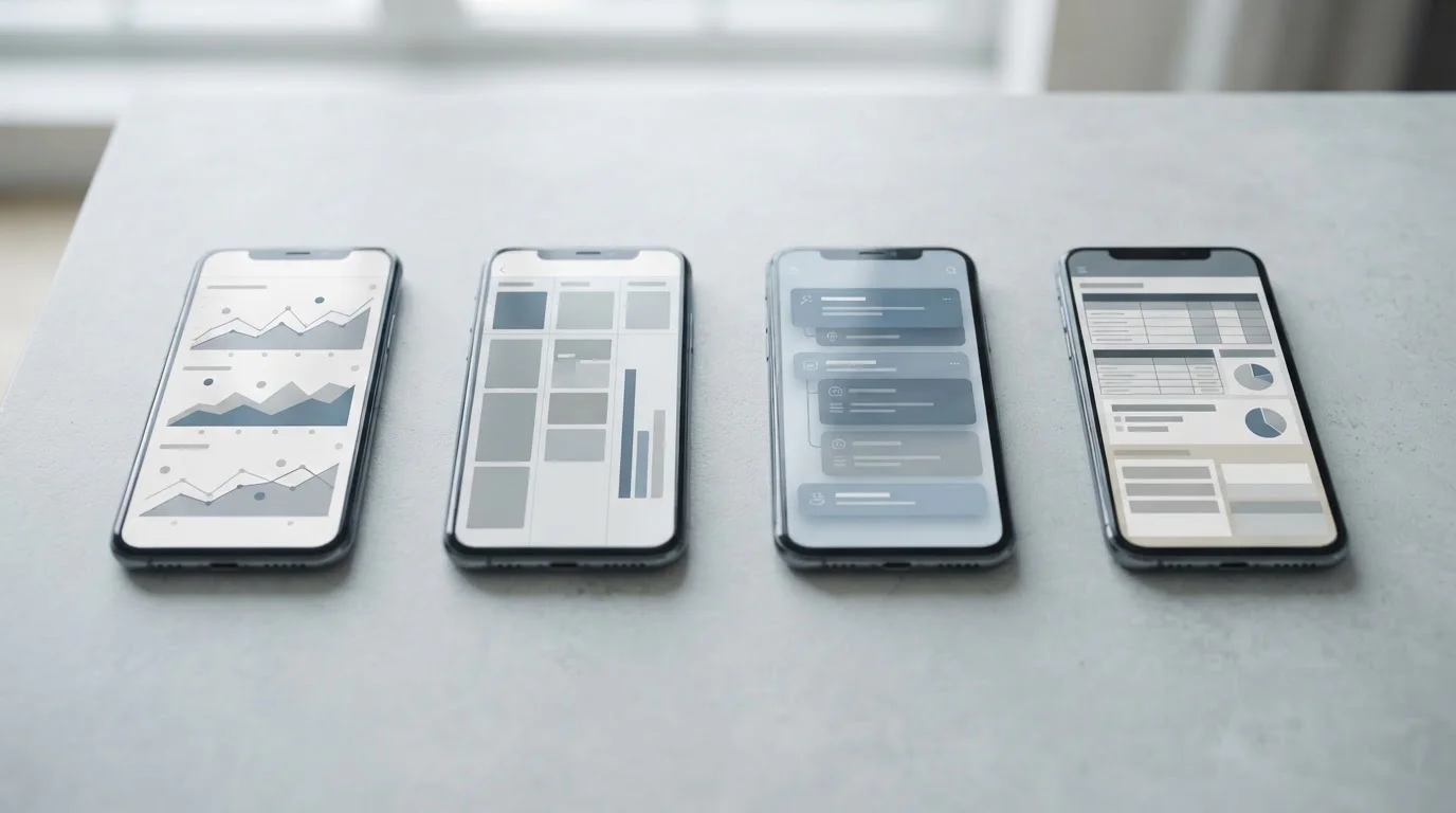 Mehrere Smartphones mit verschiedenen App-Oberflächen nebeneinander auf neutralem Untergrund